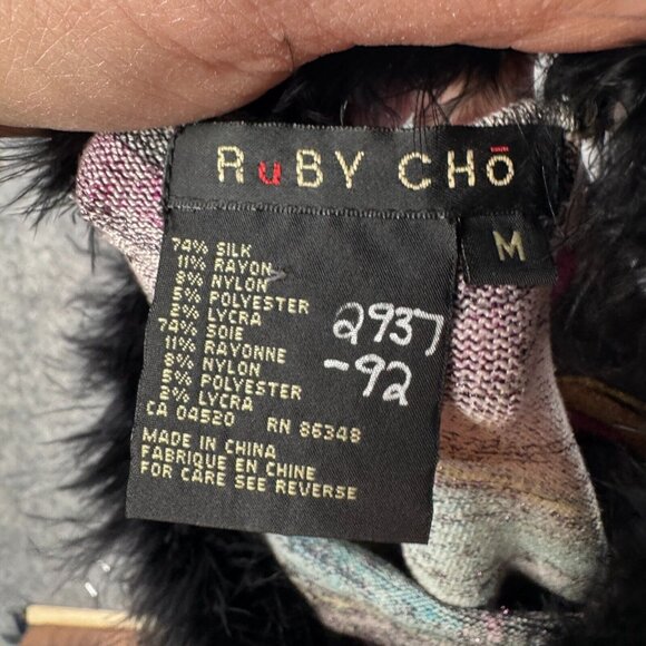 Ruby Cho Top Womens M Silk Blend Fur Collar Metallic Sequin Formal Floral Artsy - Picture 4 of 9